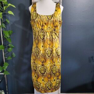 Danier Gold Satin Ikat Print Lined Dress Sleeveless Size 8